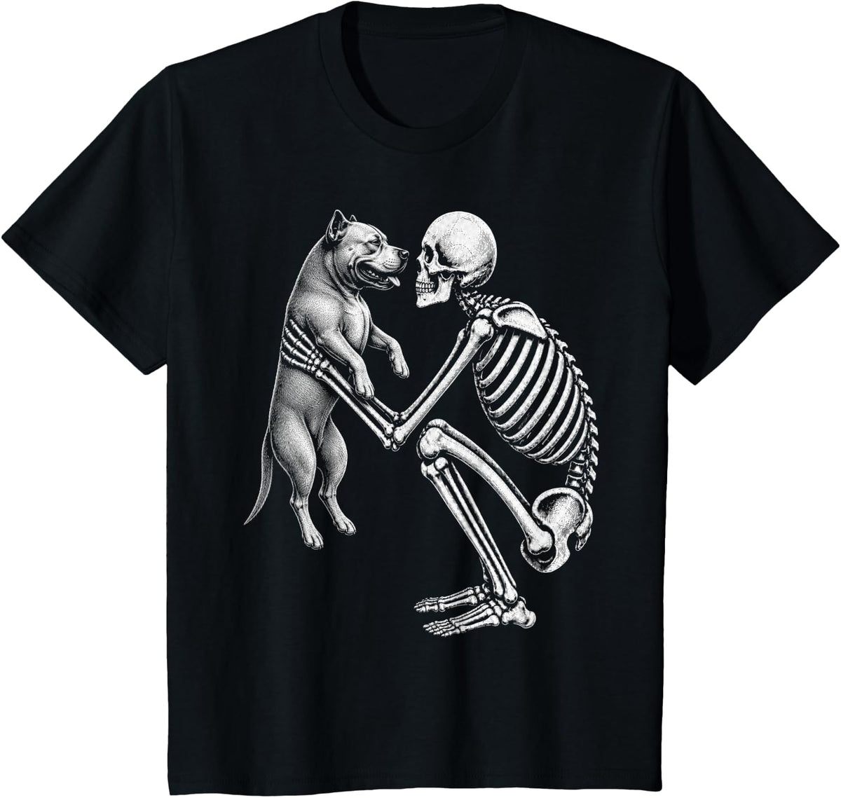 Skeleton Holding Pitbull Retro Halloween Pittie Dog T-Shirt - Black
