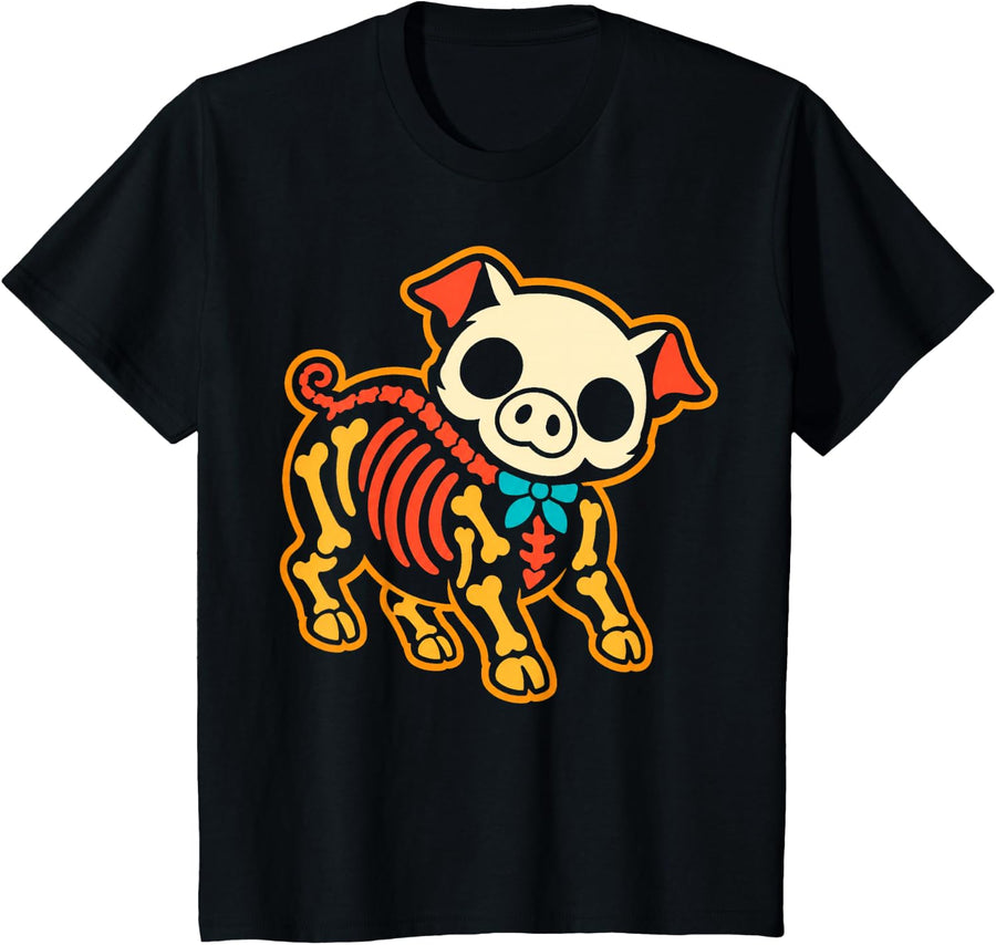 Cute Skeleton Pig Lover Day of the Dead Dia de Los Muertos T-Shirt - Black