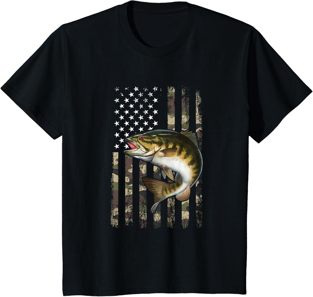 Smallmouth Bass American Flag T-Shirt Tee for Fishing Enthusiasts Men Women - Black