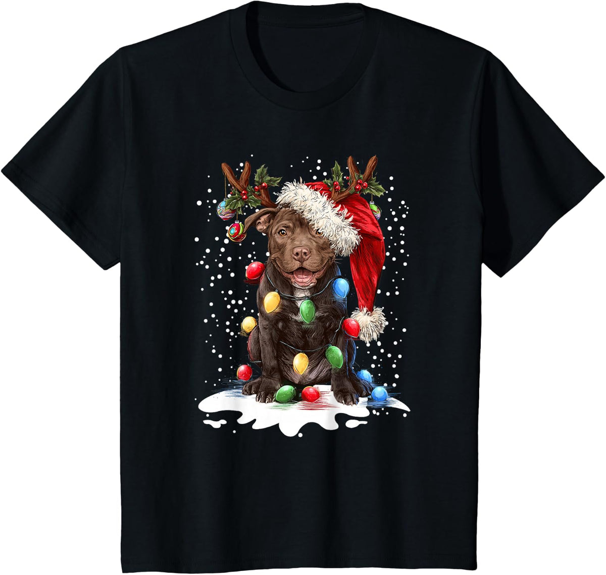 Pitbull Dog Christmas Lights Santa Xmas Pet Dog Lover T-Shirt - Black