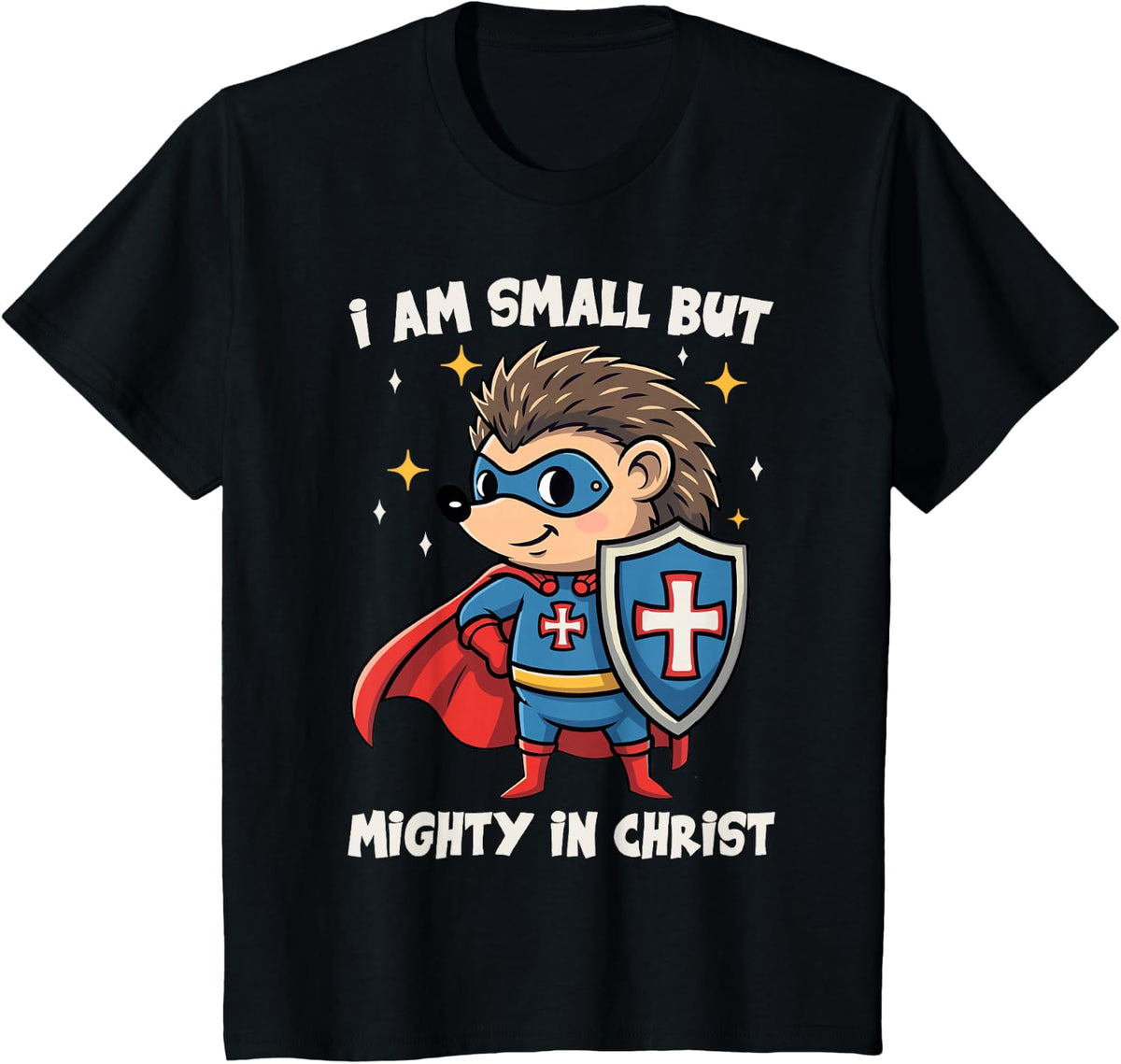 Christian Kids Shirts I Am Small But Mighty in Christ Cute Hedgehog Tees T-Shirts - Black