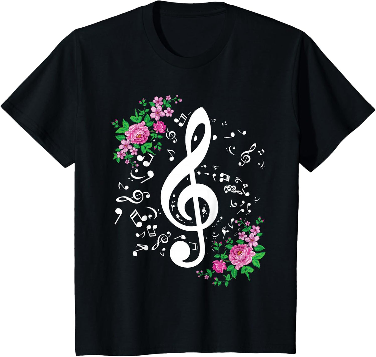 Cut Music Notes Clef Teacher,musical Notes and Flowers T-Shirt - Black
