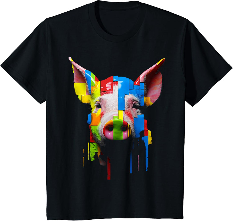 Pig Cute Polygon Animal Lover Art Colorful Graphic Pig T-Shirt - Black