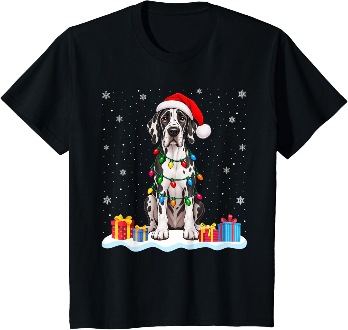 Funny Great Dane Christmas Sweater Santa Hat Dog T-Shirt - Black