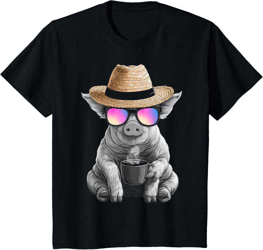 Coffee Illustration Sunglasses Print Animal Pig Lover T-Shirt - Black