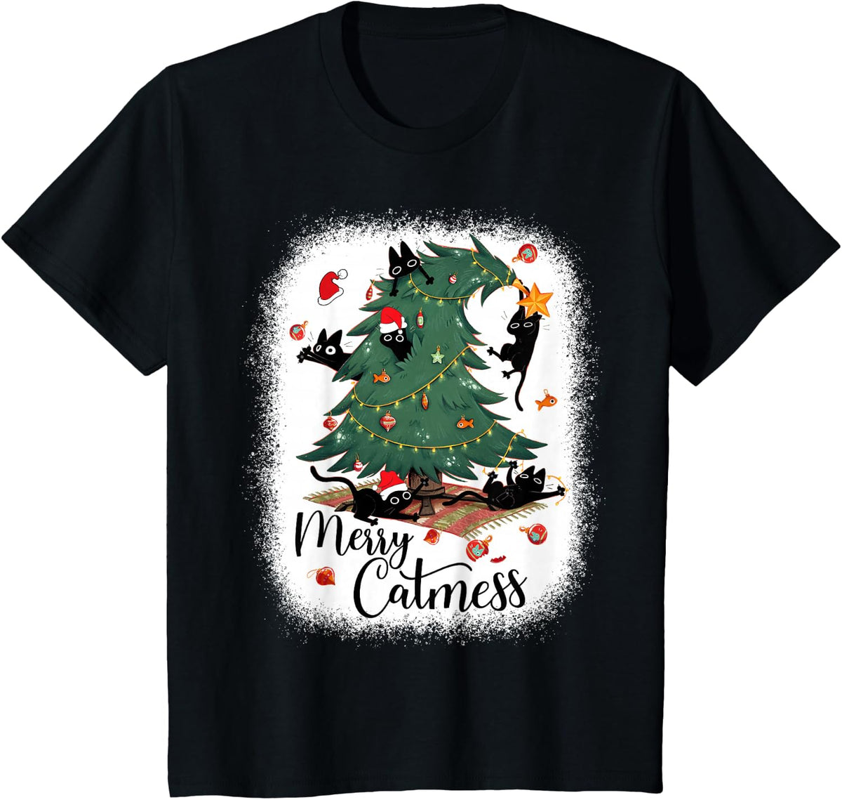 Funny Cats Christmas Tree Merry Catmess Black Cat Kittens T-Shirt - Black