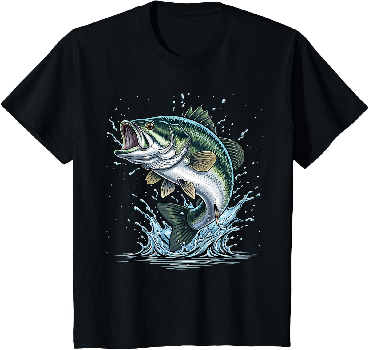 Fishing Distressed Bass Fish (Design on Back) T-Shirt - Black