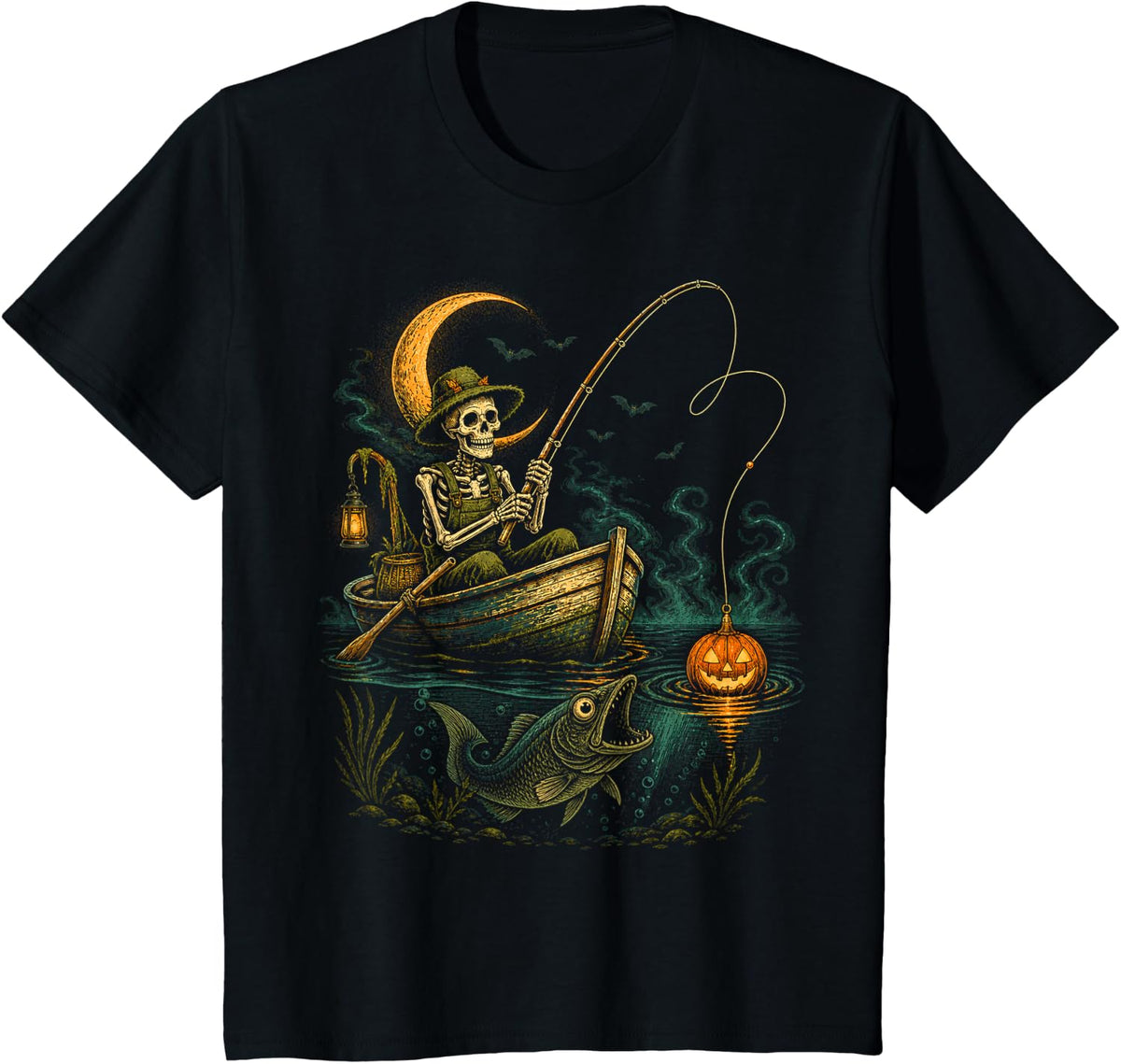 Skeleton Angler Spooky Bass Fishing Pumpkin Halloween T-Shirt - Black