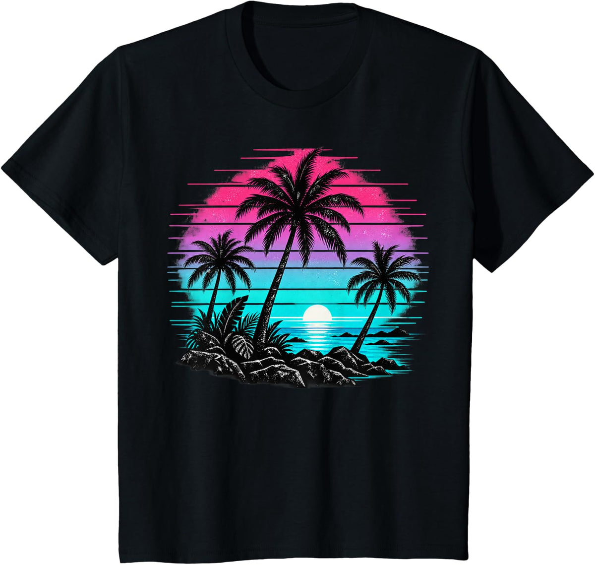 Retro Synthwave Palm Tree Island Silhouette T-Shirt - Black