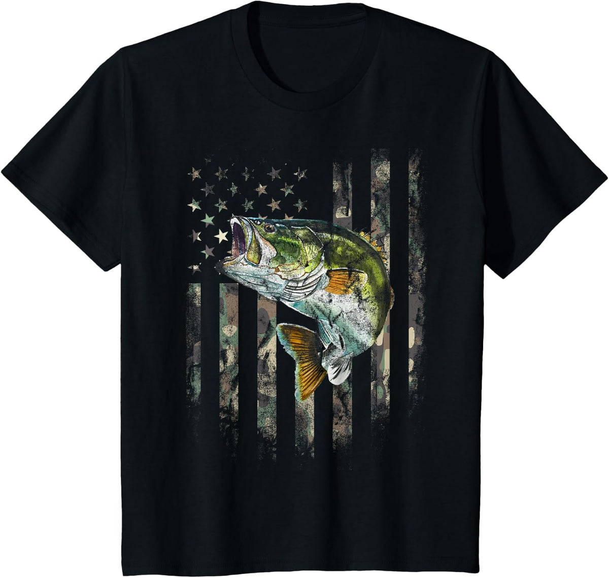 Camo American Flag Bass Fishing Fishermen Patriotic USA Flag T-Shirt - Black