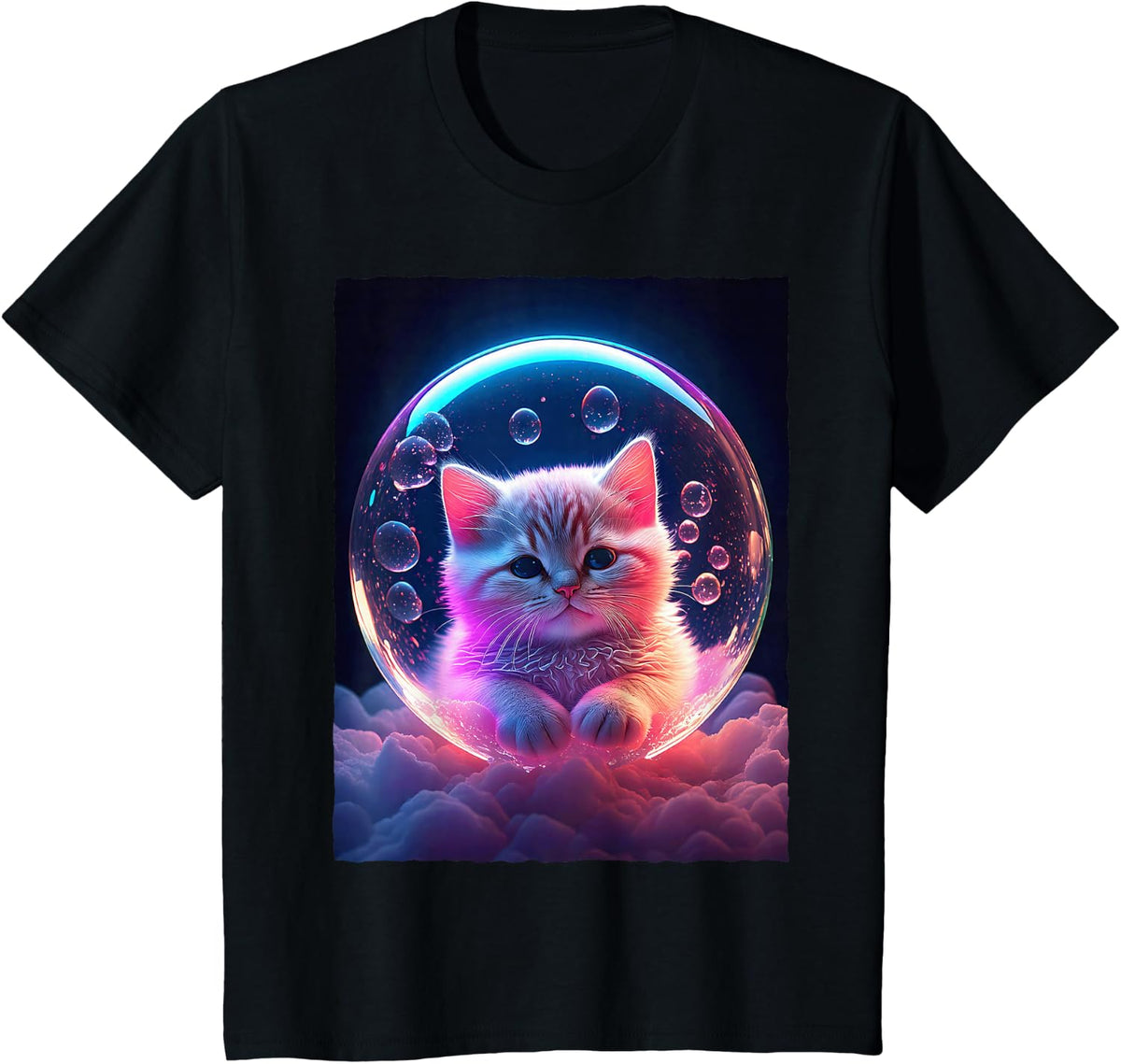 Kawaii Cat Bubble Synthwave Cloud Aesthetic Cute Kitten T-Shirt - Black