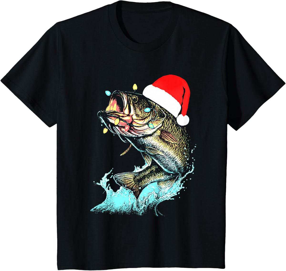 Christmas Dad Bass Fish Funny Fishing Santa Hat Lights Men T-Shirt - Black