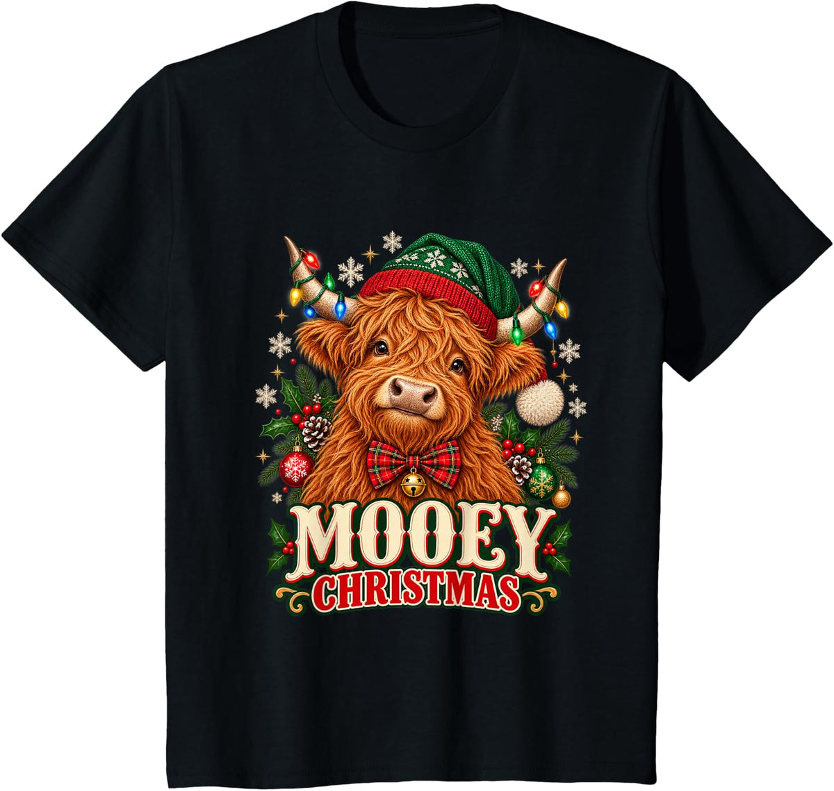 Western Mooey Christmas Santa Highland Cow Farm Animals Xmas T-Shirt - Black
