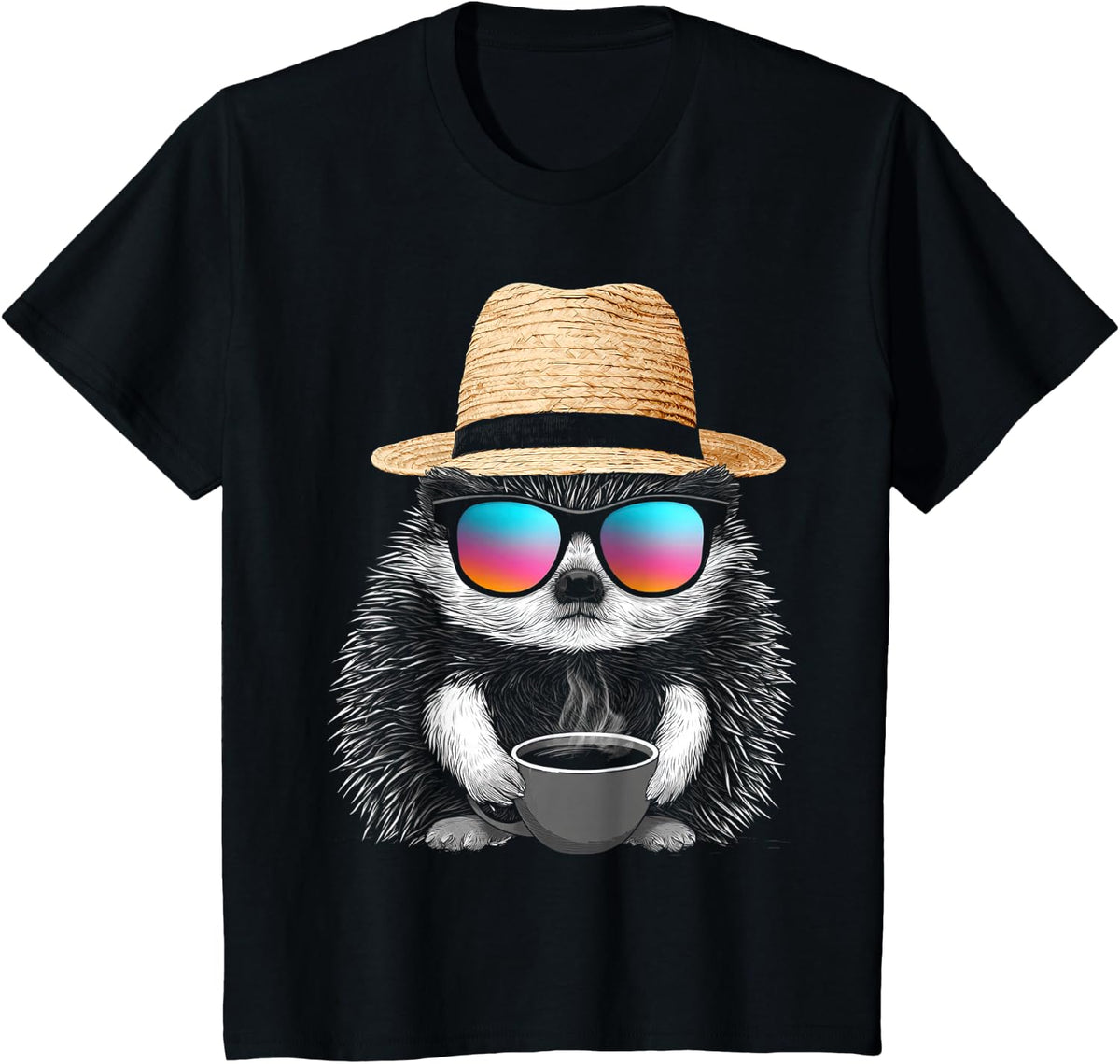 Coffee Cute Hedgehog Animal Sunglasses Graphic T-Shirt - Black