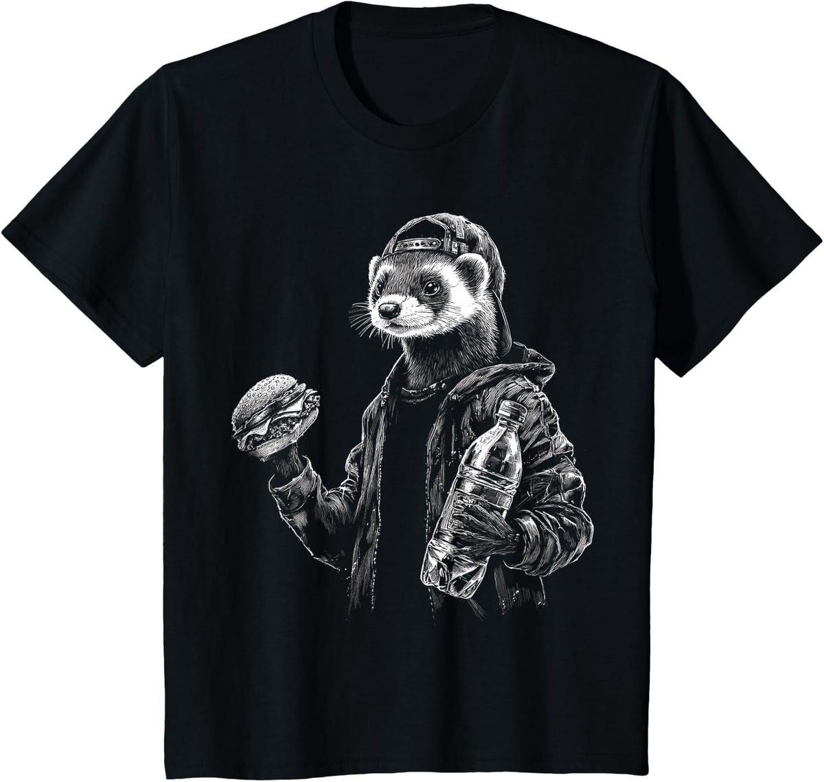 Ferret Holding Burger Drawing Animal Motif Artwork T-Shirt - Black