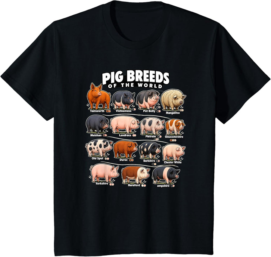 Pig Breeds of the World Illustrated Pig Breeds T-Shirt - Black