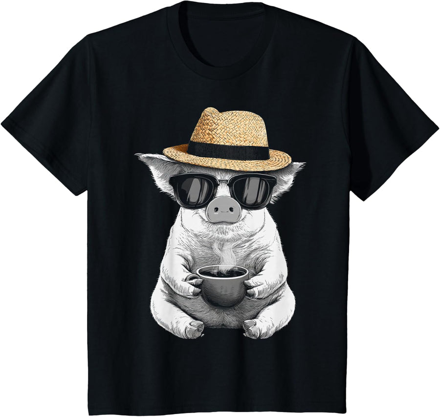Coffee Graphic Sunglasses Animal Pig Lover T-Shirt - Black