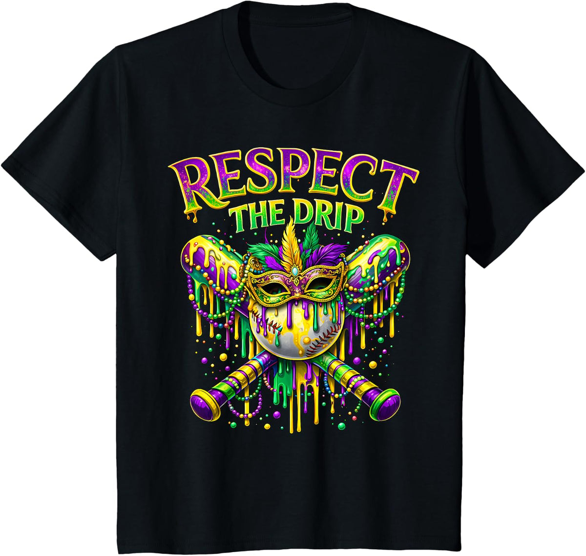 Respect The Drip Mardi Gras Baseball Ice Cream Boys Carnival T-Shirt - Black