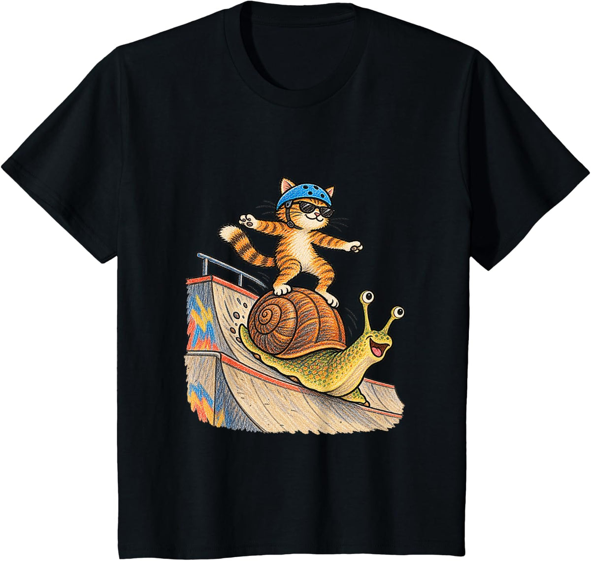 Cat Snail Skate Park Funny Animal Meme T-Shirt - Black