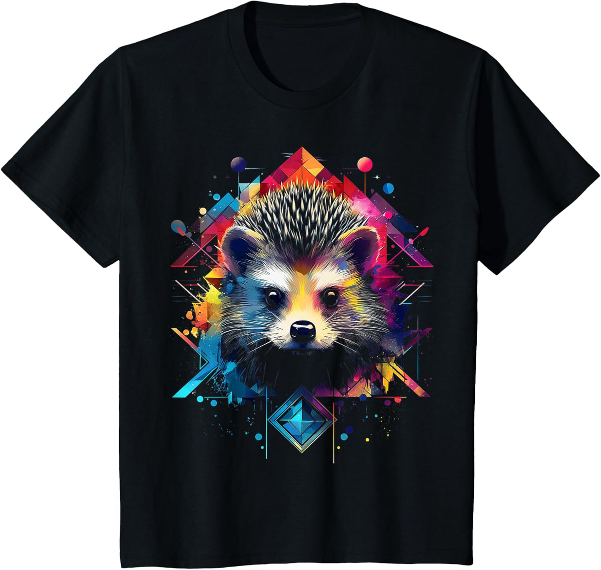 Hedgehog Animal Motif Illustration T-Shirt - Black