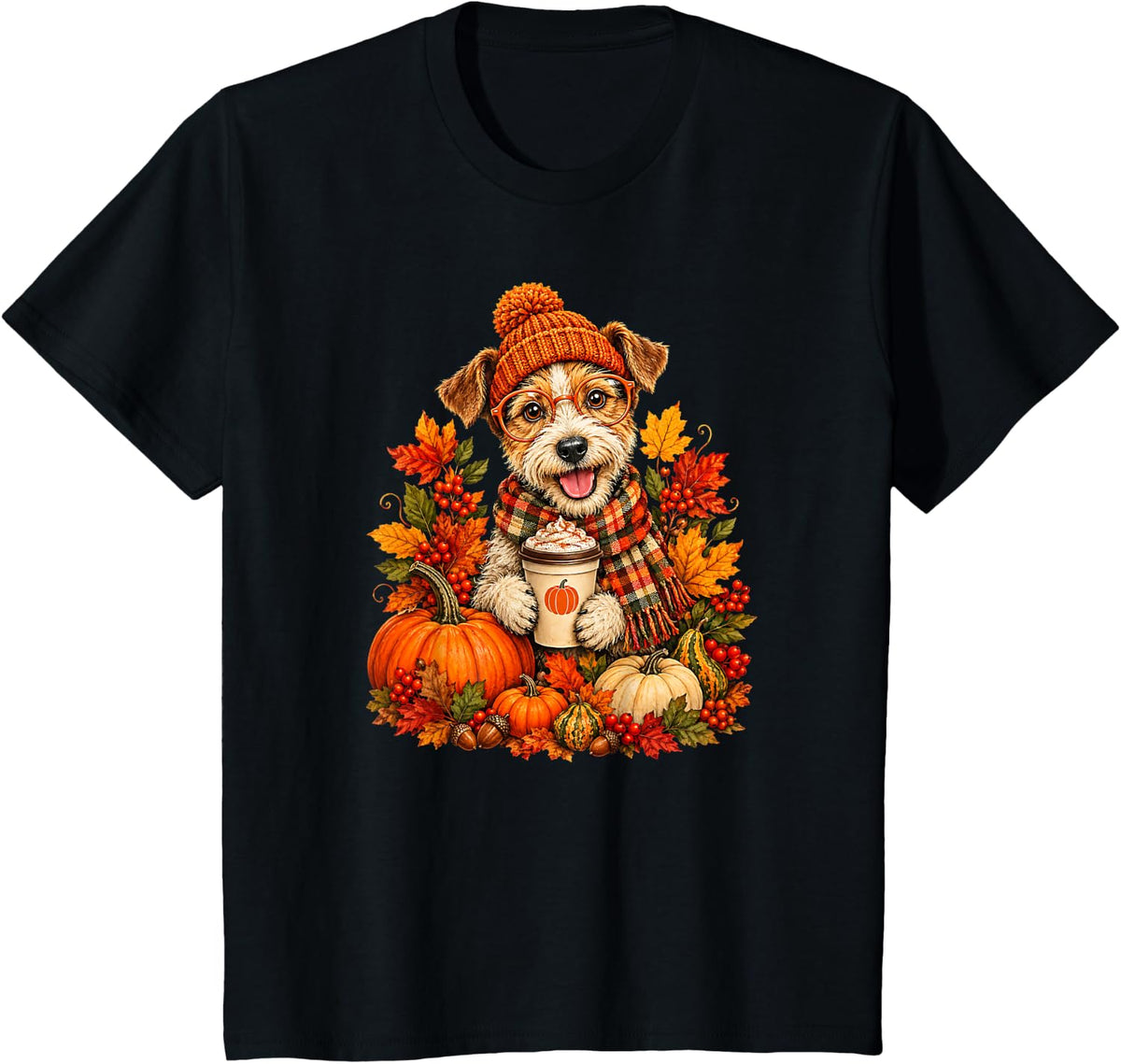 Funny Airedale Terrier Autumn Pumpkin Coffee Lover Fall T-Shirt - Black