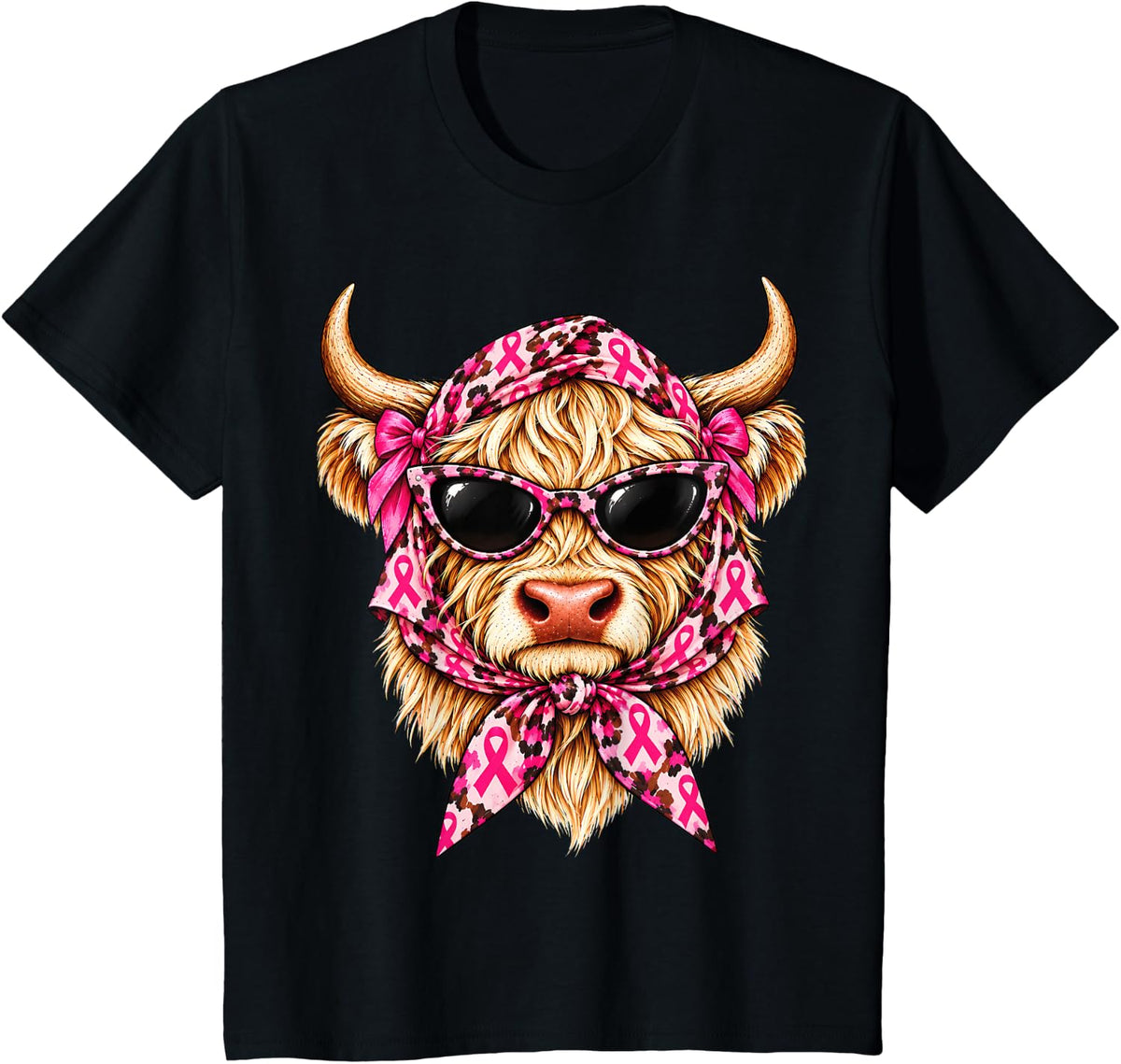 Cute Breast Cancer Highland Cow Pink Ribbon Leopard Bow T-Shirt - Black