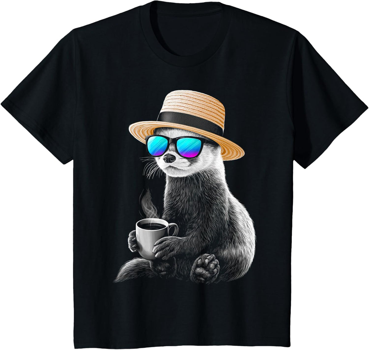 Funny Ferret Coffee Art Sunglasses Print T-Shirt - Black