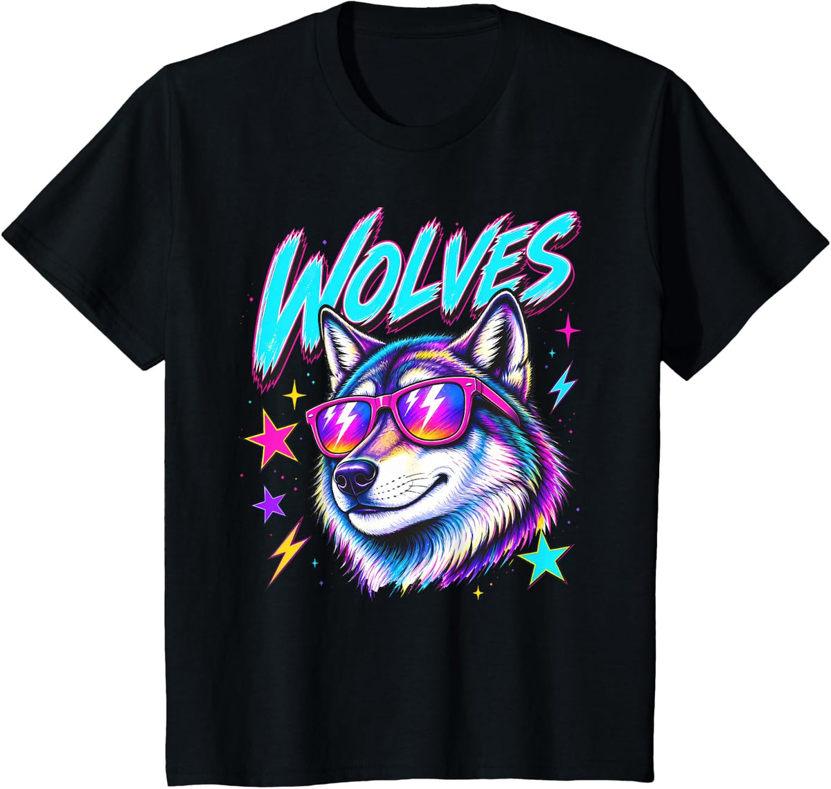 Wolves Spirit 80s Synthwave Cool Mascot for Men Women Kids T-Shirt - Black