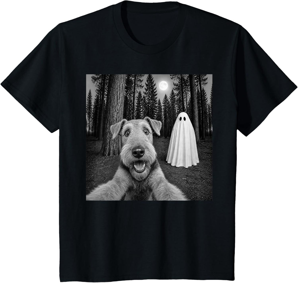 Spooky Airedale Terrier Selfie with Ghost Halloween Dog T-Shirt - Black