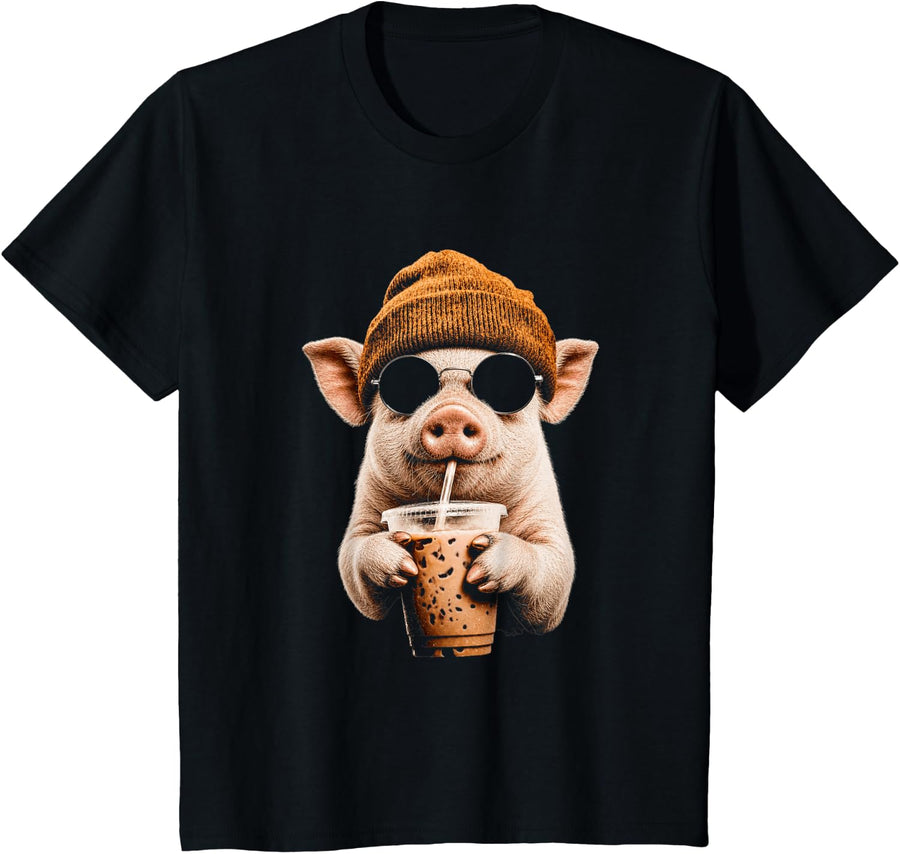Pig Drinking Iced Coffee Funny Hipster Pig Lover Farm Animal T-Shirt - Black