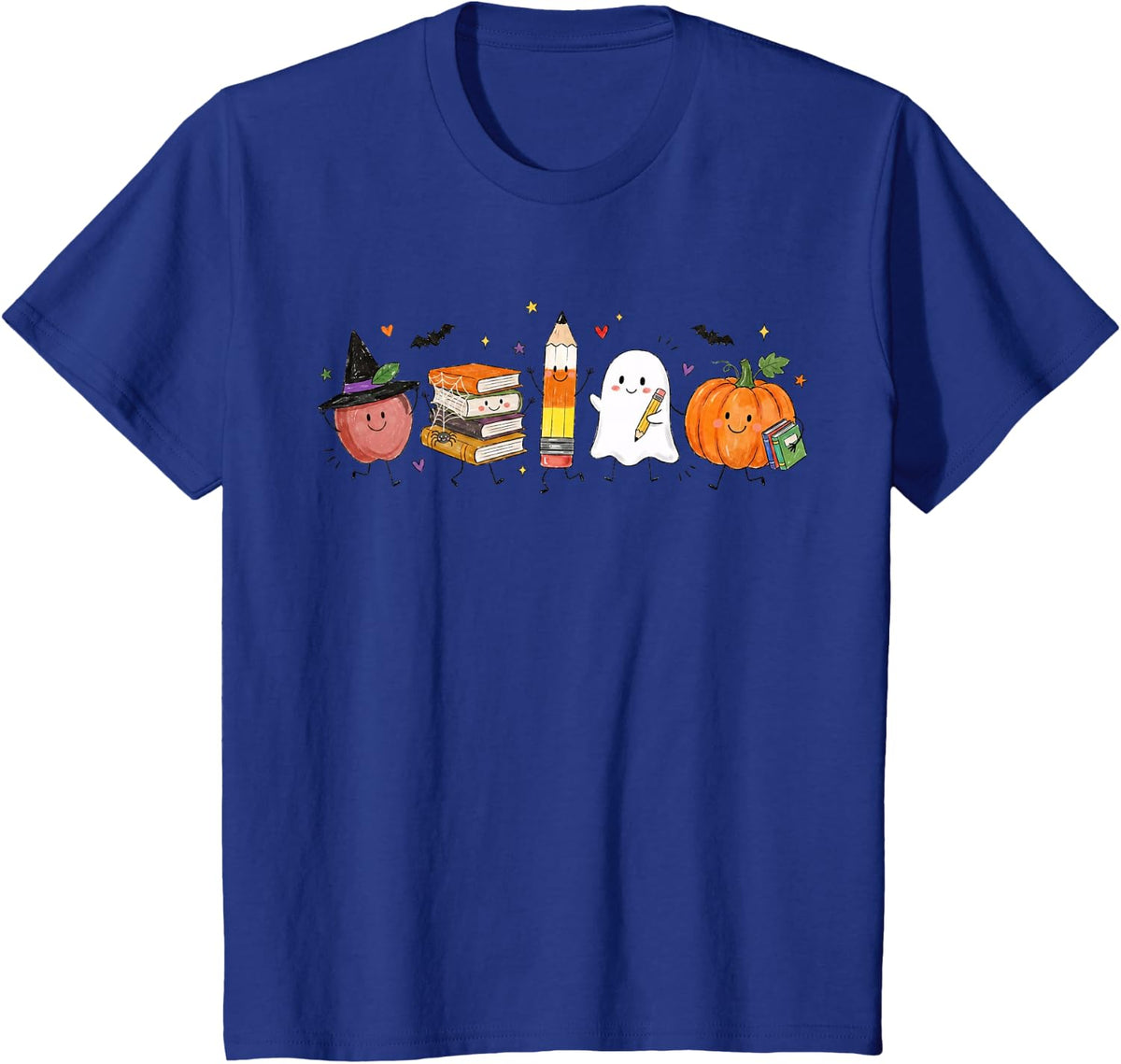 Halloween Teacher Ghost Pumpkin Books Pencil School Autumn T-Shirt - Royal Blue