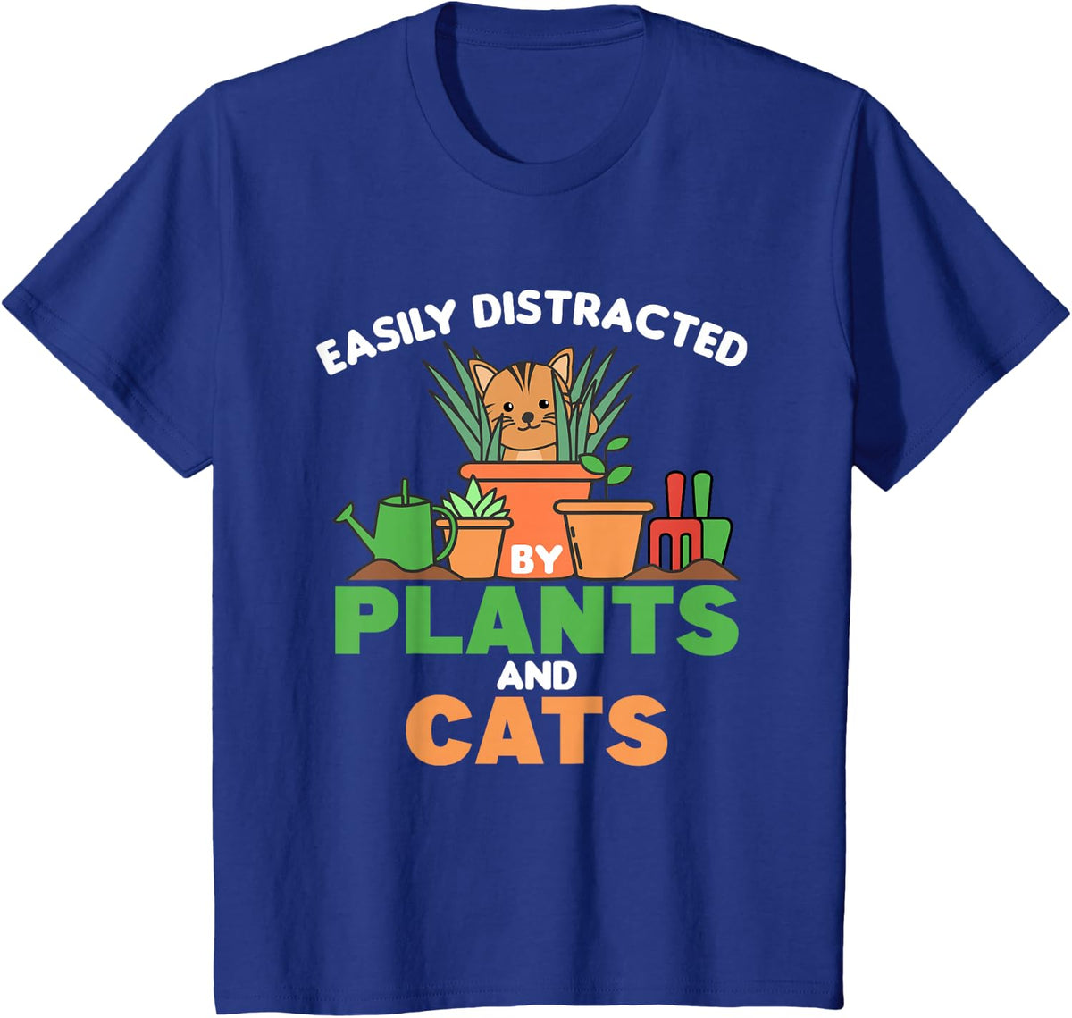 Easily Distracted By Plants And Cats Cute Cat With Flowers T-Shirt - Royal Blue