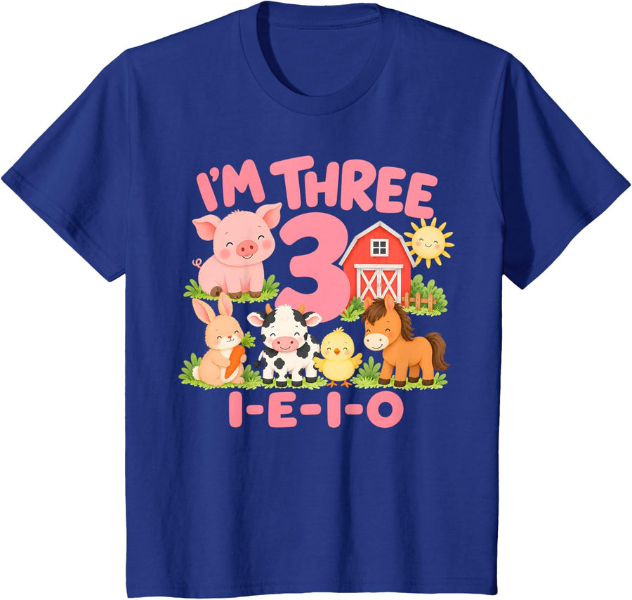 I'm Three I-E-I-O 3 Years Old Farm Animal Birthday 3rd Bday T-Shirt - Royal Blue