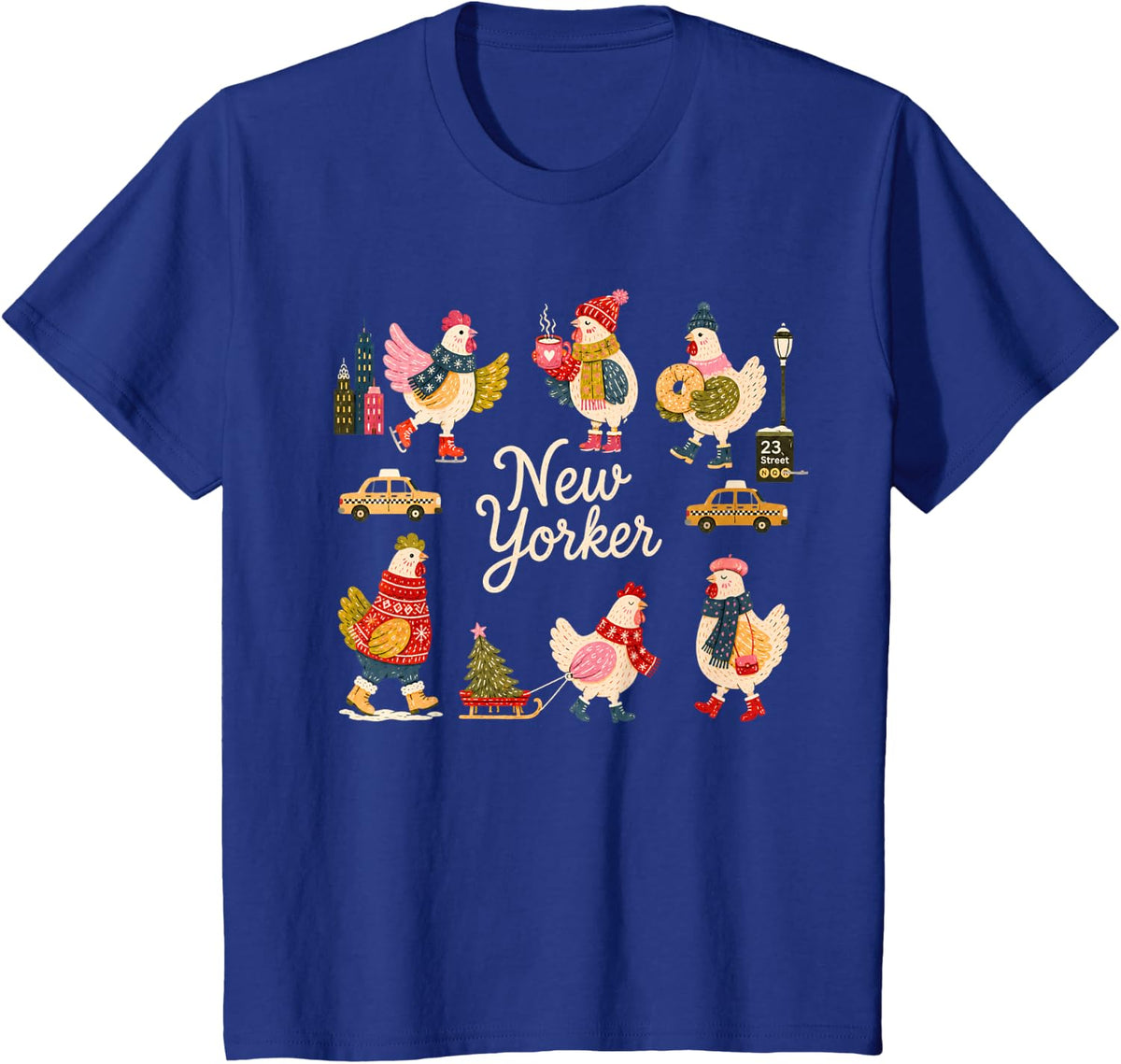 Vintage New York Winter Chickens Folk Art T-Shirt - Royal Blue