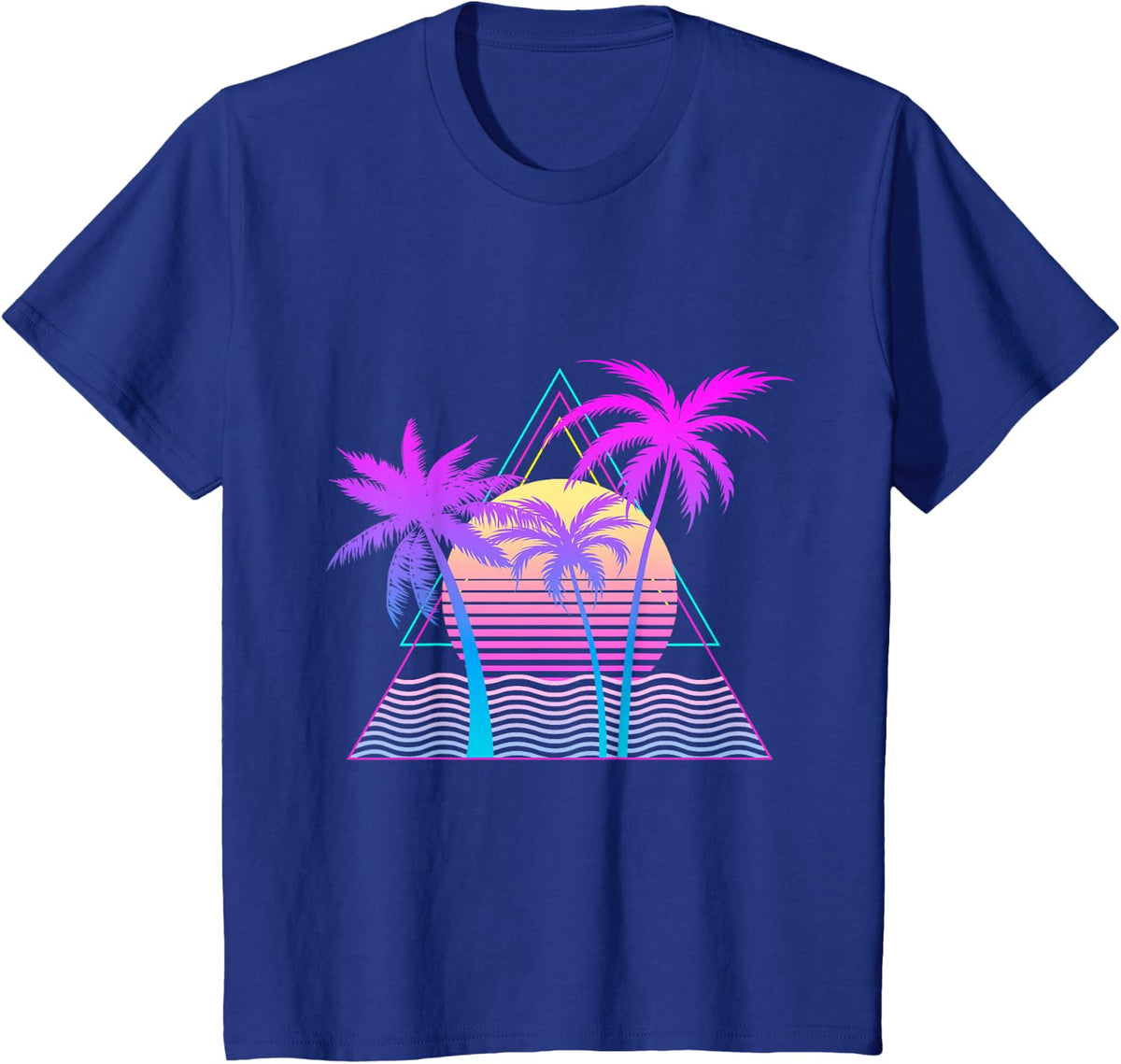 Retro 1980s 1990s Vaporwave Palm Trees Beach Sunset Surf Art T-Shirt - Royal Blue