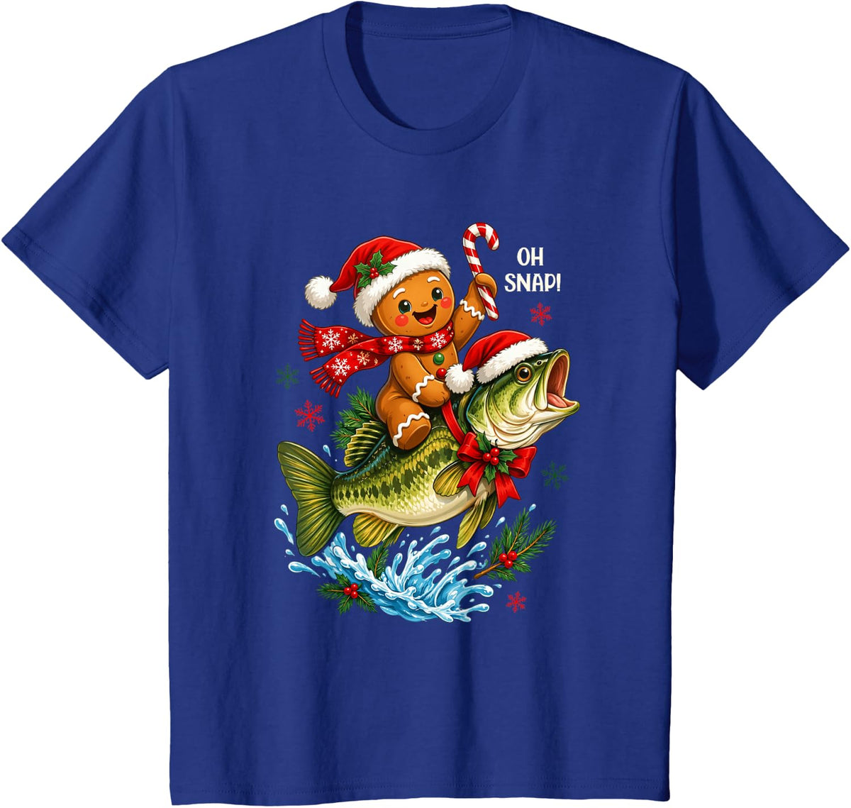 Gingerbread Riding Bass Fish Christmas Fishing Xmas T-Shirt - Royal Blue