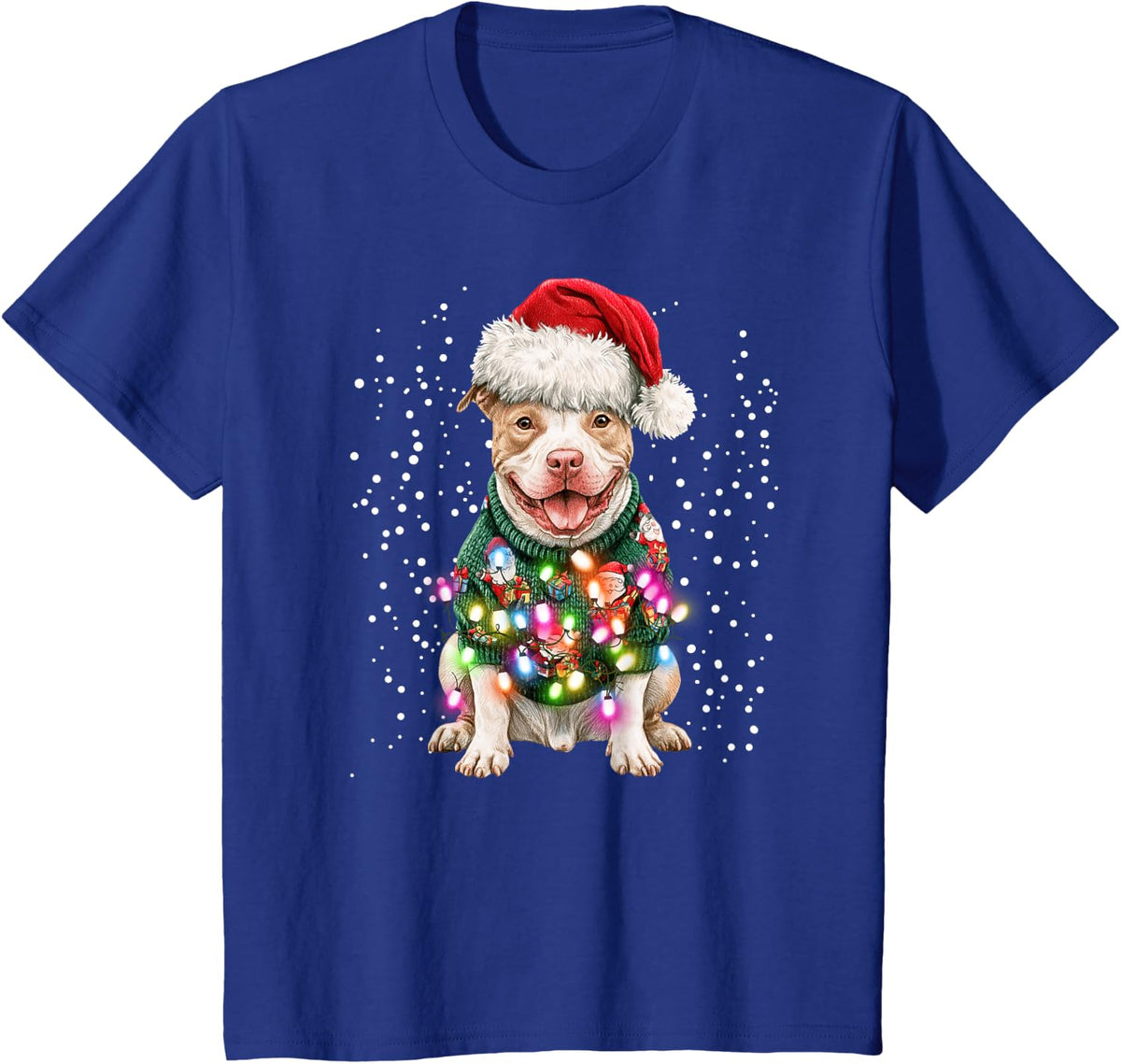 Cute Pitbull Dog Christmas Lights Santa Hat Men Women Kids T-Shirt - Royal Blue