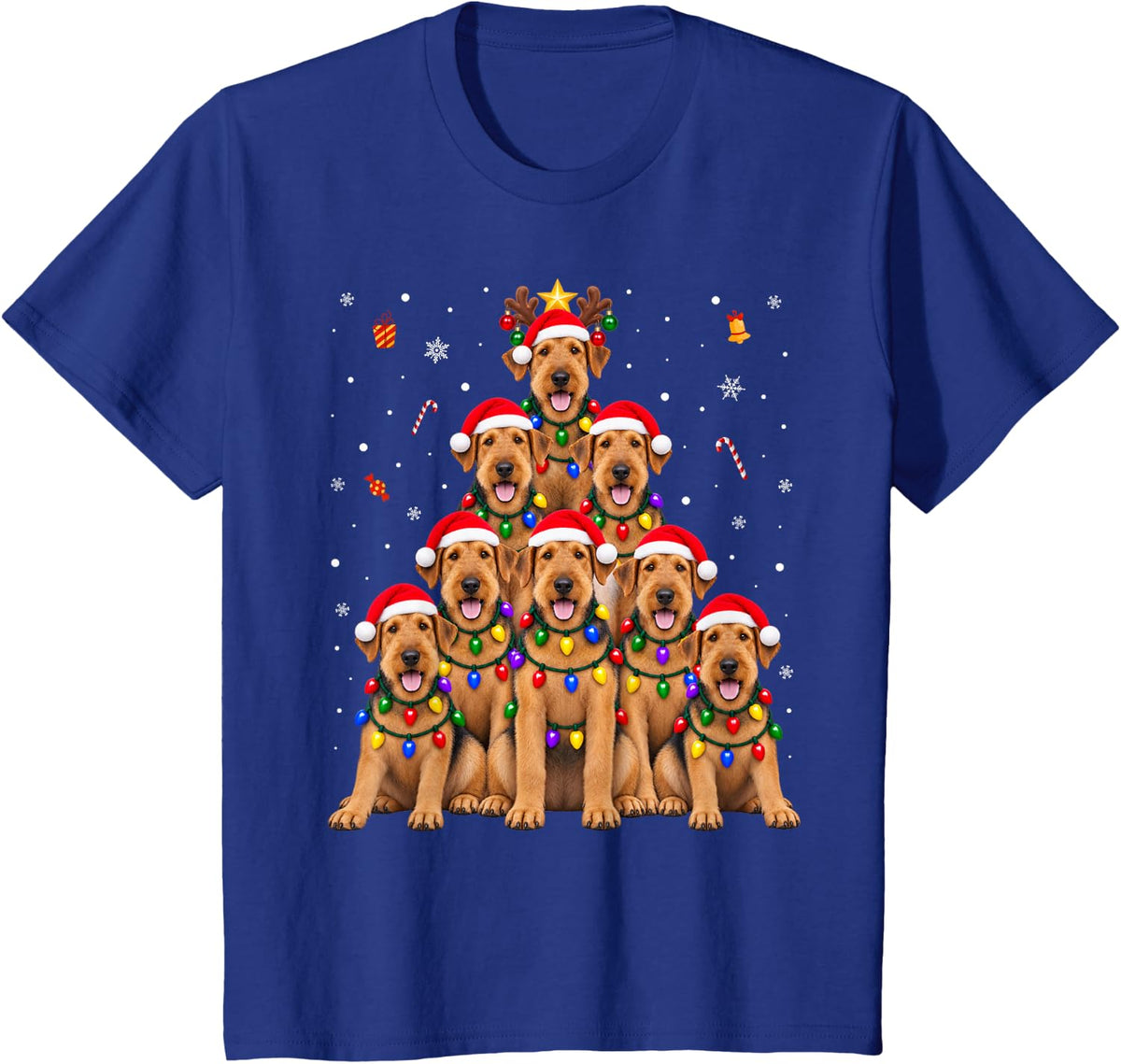 Airedale Terrier Christmas Tree Dogs Santa Hats Lights Xmas T-Shirt - Royal Blue