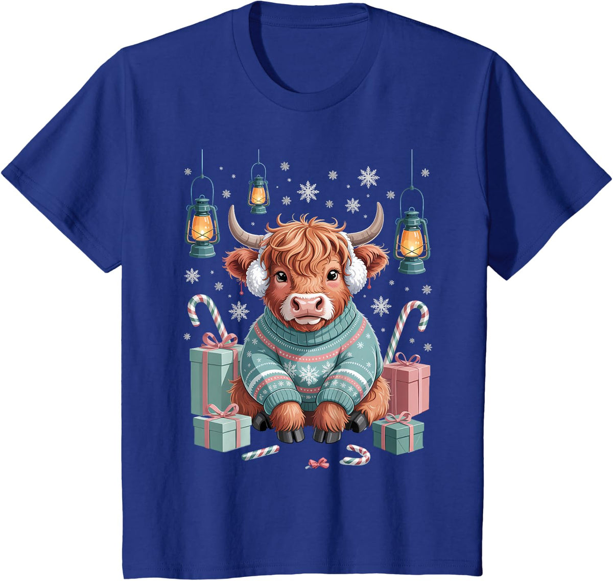 Adorable Highland Cow in Winter Sweater T-Shirt - Royal Blue