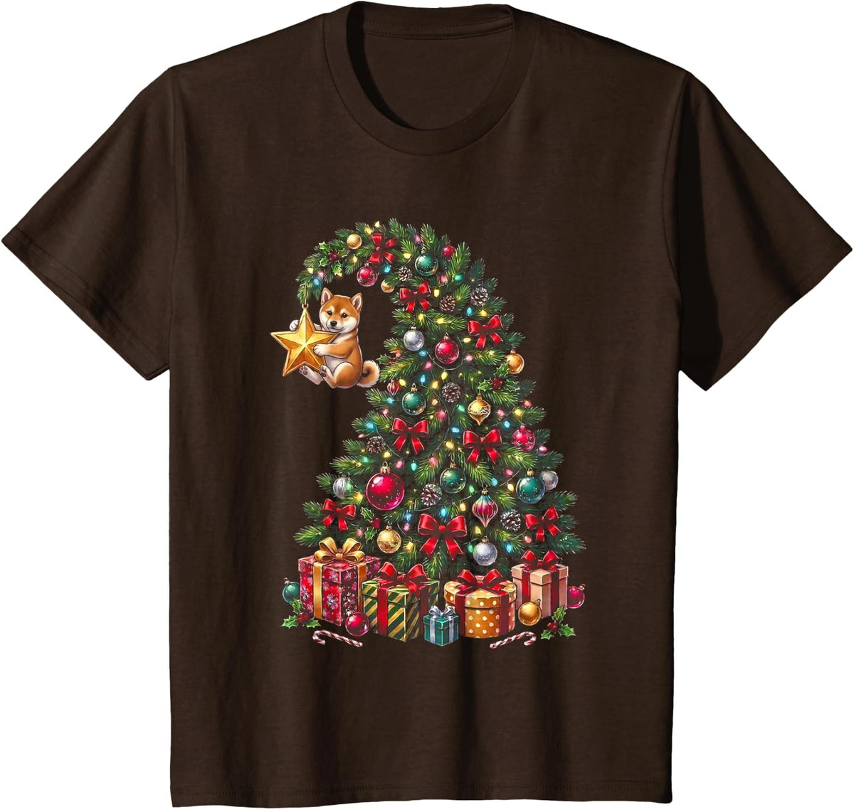 Shiba Inu Hanging from Christmas Tree Festive Funny Pet T-Shirt - Brown