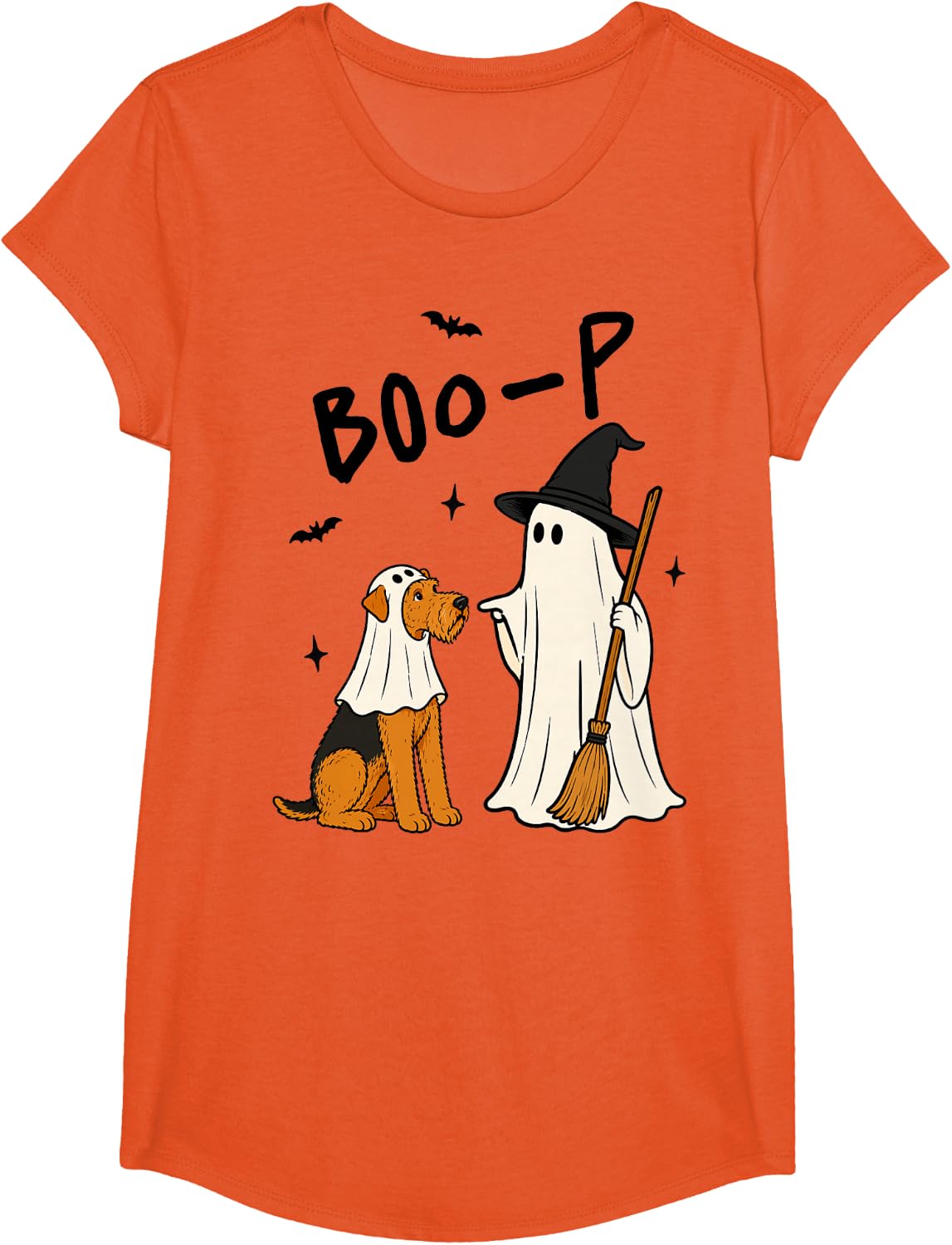 Ghost Airedale Terrier Halloween Dog Costume Illustration T-Shirt - Girls Orange