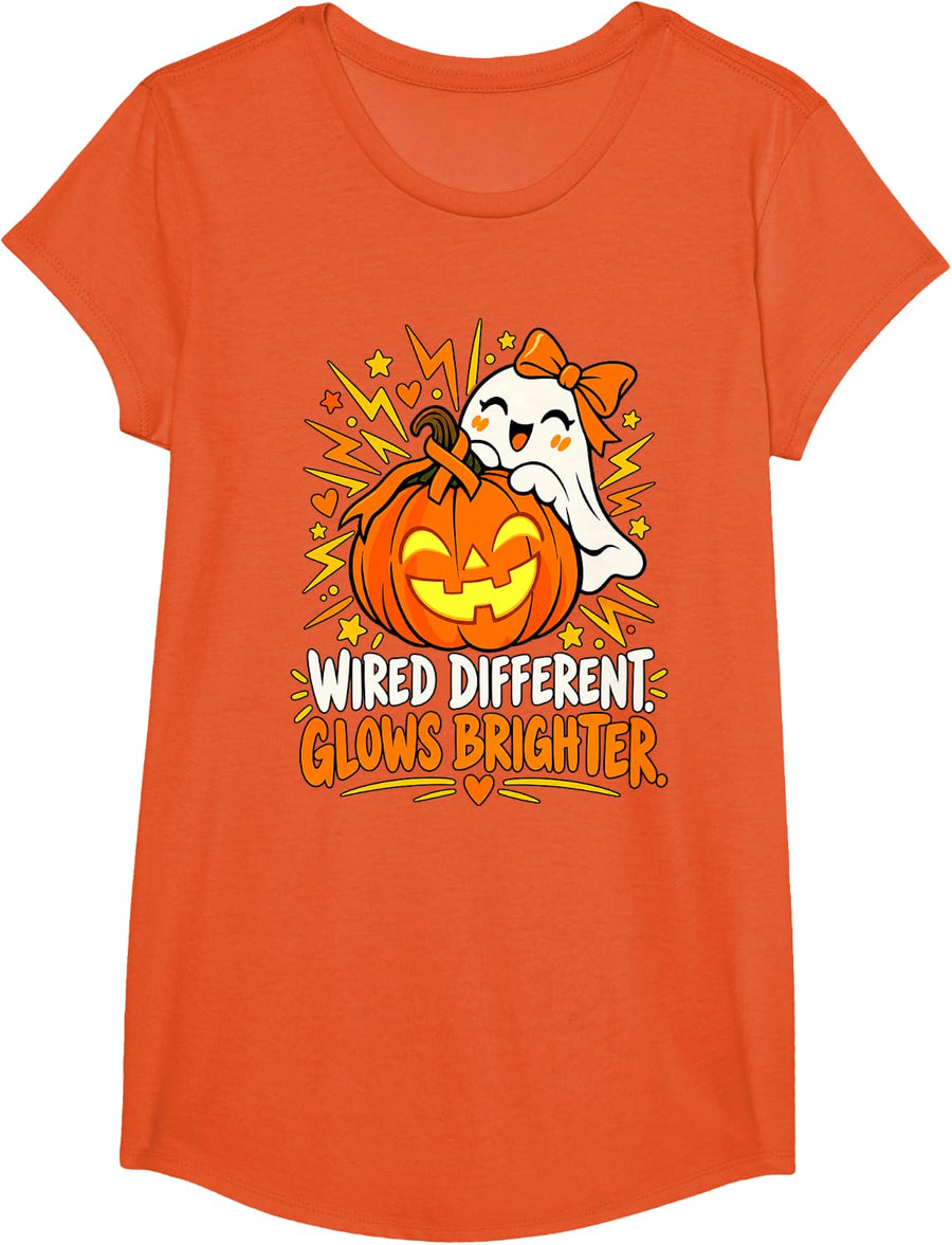Down Syndrome Awareness October Halloween Pumpkin Ghost T-Shirt - Girls Orange