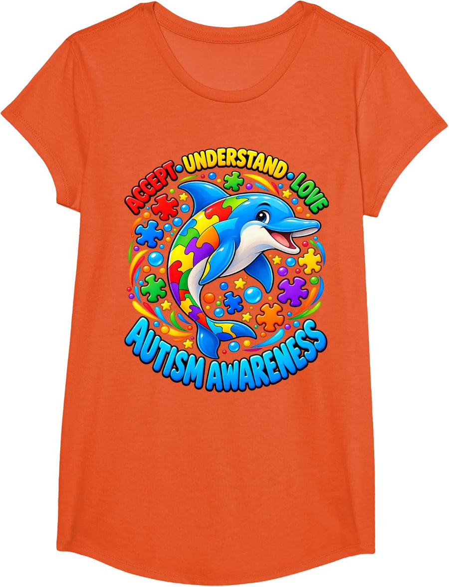 Dolphin Autism Awareness Accept Understand Love T-Shirt - Girls Orange