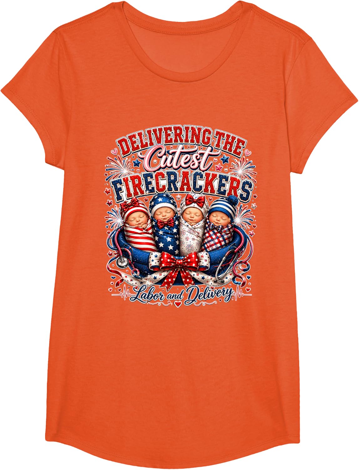 Patriotic Nurse 4th of July Labor & Delivery Fourth of July T-Shirt - Girls Orange