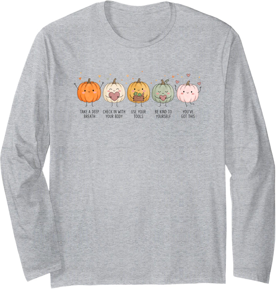 Mental Health Positive Affirmations Pumpkin Therapist Fall Long Sleeve T-Shirt - Adult Unisex Heather Grey