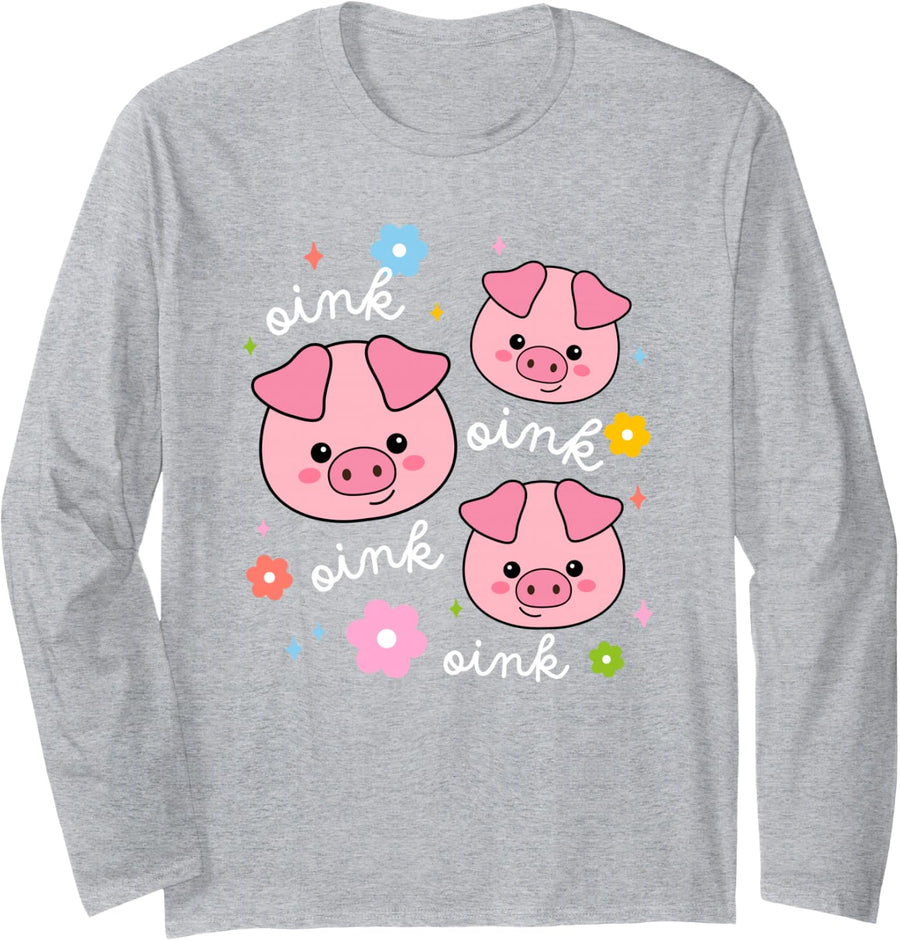 Oink Oink Cute Pig Lover Piggy Squad Kid Girl Women Long Sleeve T-Shirt - Adult Unisex Heather Grey