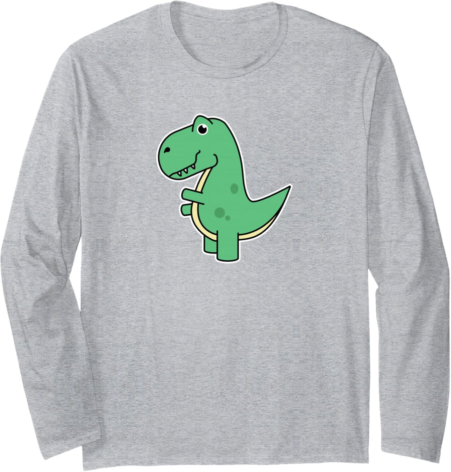 Cute T-Rex Dinosaur Tee - Green Dino Adult and Kids Long Sleeve T-Shirt - Adult Unisex Heather Grey