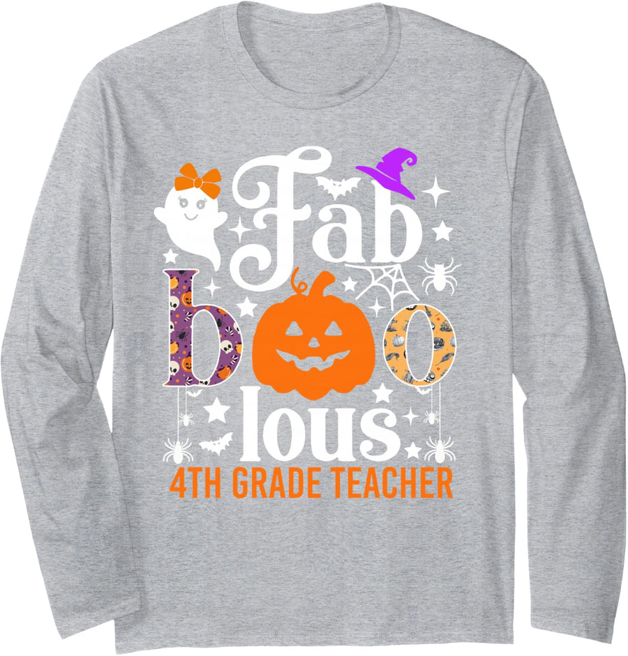 Faboolous 4th Grade Teacher Funny Pumpkin Halloween Costume Long Sleeve T-Shirt - Adult Unisex Heather Grey
