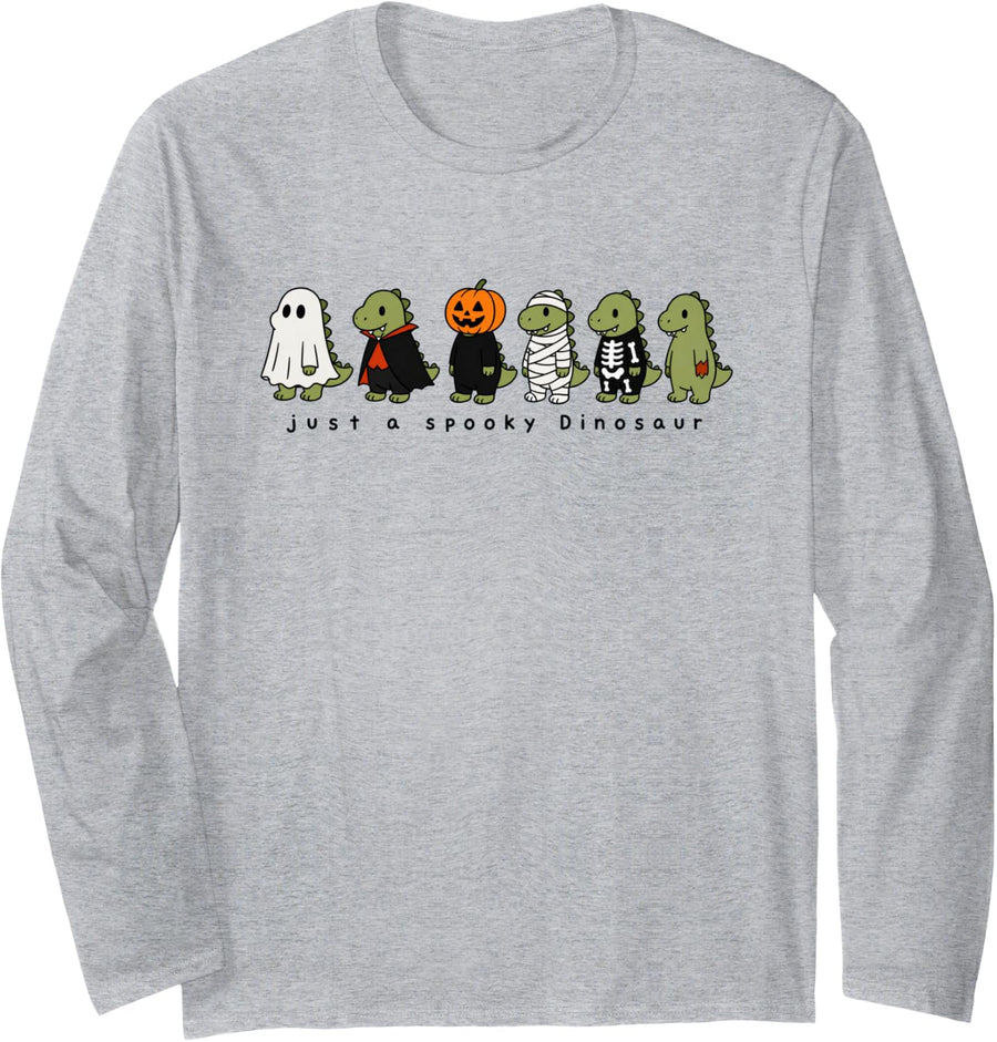 Dinosaur Cute Animal Lover Spooky Fall Halloween Graphic Long Sleeve T-Shirt - Adult Unisex Heather Grey