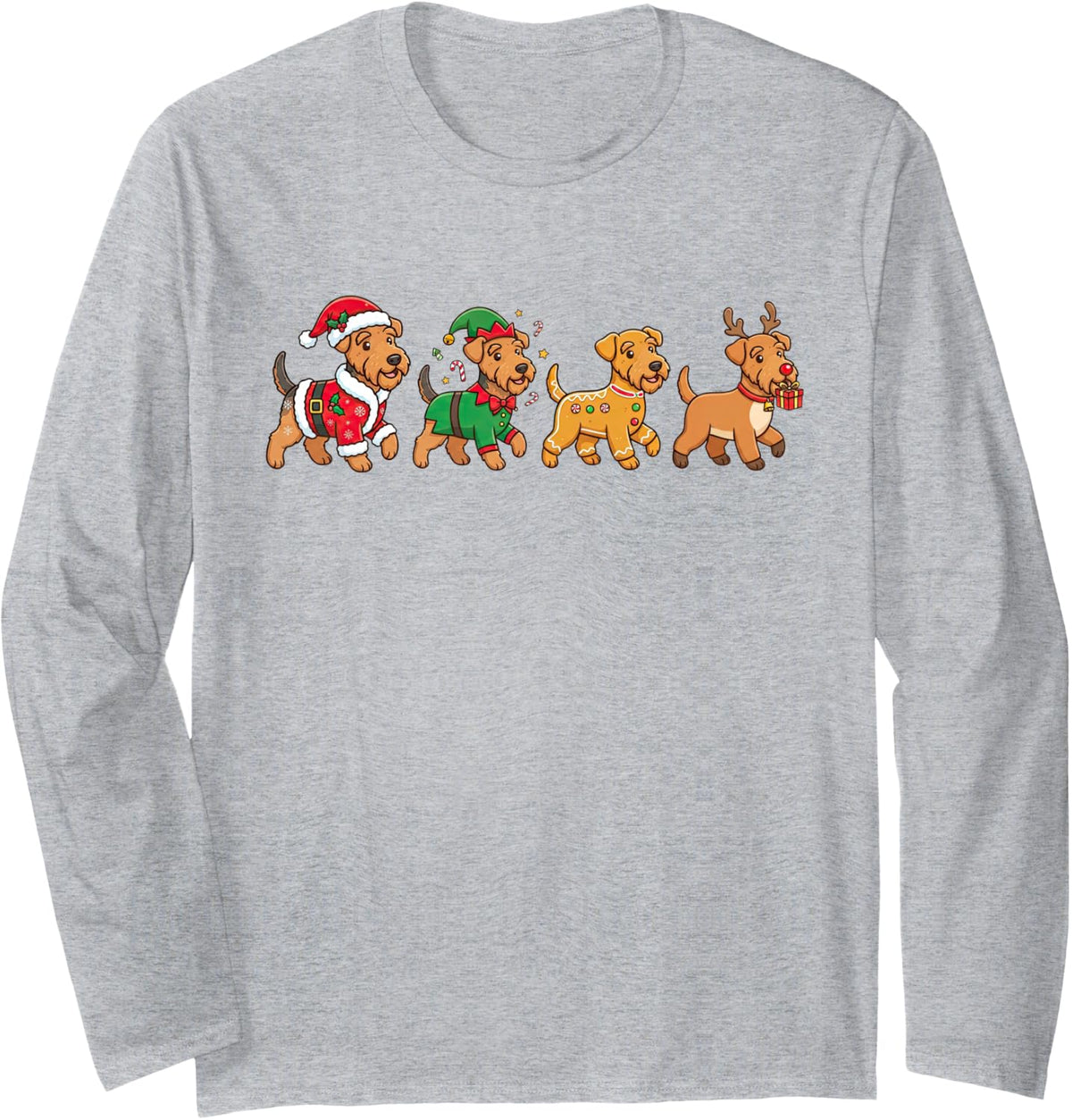 Funny Christmas Airedale Terrier Santa Elf Womens Mens Kids Long Sleeve T-Shirt - Adult Unisex Heather Grey